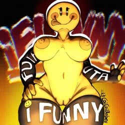 bald bobesgashi breasts edit edited edited_image fingerless_gloves friedpeep_(artist) heart-shaped_pupils heart_eyes ifunny nipples puffy_pussy pussy red_cheeks smile smiling smiling_at_viewer tagme text text_on_clothing thigh_highs tongue tongue_out twitter_link yellow_body