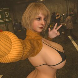 1girls 3d areola_slip areolae ashley_graham ashley_graham_(ella_freya) big_breasts blonde_hair breasts bustin3d female female_focus huge_breasts leon_scott_kennedy resident_evil selfie sideboob solo_focus