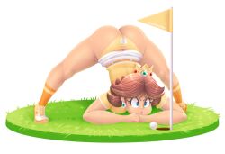 1girls ass ass_up athletic athletic_female brown_hair bubble_butt clothed clothed_female color colored female female_focus female_only flexible hourglass_figure human jack-o_pose mario_(series) mario_golf nintendo panties pose posing princess princess_daisy riukykappa royalty simple_background solo solo_female solo_focus thong top-down_bottom-up video_games white_background wide_hips