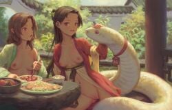 2girls animal bigrbear black_hair breasts brown_hair chinese_zodiac dress food highres looking_at_another looking_at_viewer medium_breasts multiple_girls new_year nipples original pussy red_eyes sitting snake uncensored year_of_the_snake