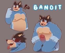 2025 anthro australian_cattle_dog balls bandit_heeler belly big_penis bluey_(series) blush canid canine canis cattledog character_name domestic_dog english_text erection eyebrows flustered fur genitals gesture glans grey_background hand_gesture herding_dog hi_res humanoid_genitalia humanoid_penis interrobang kneeling male mammal musclegut muscular muscular_anthro muscular_male narrowed_eyes nipples nude open_mouth open_smile pastoral_dog pecs penis pointing pointing_at_self simple_background smile solo standing teeth text the_nick.r tongue tongue_out tuft