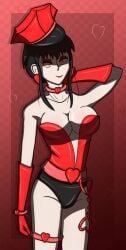 1girls black_hair breasts choker earrings gloves hairbun handcuffs hat heart_choker heart_earrings hy2300 hypnosis large_breasts leotard looking_at_viewer milf mind_control red_eyes red_leotard spy_x_family thigh_strap yor_briar yor_forger