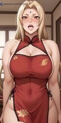 ai_generated blowjob breasts cheek_bulge china_dress chinese_new_year comic hotload-8 naruto naruto_(series) oral patreon petite pulling_out slim sloppy_blowjob sucking_penis tsunade wet_mouth