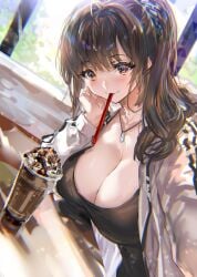 1girls black_shirt blush breasts brown_eyes brown_hair cleavage drinking_straw drinking_straw_in_mouth food head_rest highres jacket jewelry large_breasts long_hair long_sleeves looking_at_viewer necklace original parted_lips ponytail ran'ou_(tamago_no_kimi) selfie shirt smile solo upper_body white_jacket