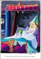 1girls 1woman 2d 2d_artwork after_sex bed blonde_hair breasts dean_yeagle frog long_hair moon nipples princess