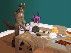 anthro anthro_on_anthro anthro_penetrated anthro_penetrating anthro_penetrating_anthro bent_over black_body black_fur black_horn black_nipples black_sclera brown_body brown_fur cake canid canine cookie dessert duo eating erection female female_penetrated food from_behind_position fur genitals green_eyes hair horn inside knot male male/female male_penetrating male_penetrating_female mammal milk-jug narrowed_eyes nipples no_pupils nude penetration penis pink_eyes pink_hair red_penis sex species_request standing standing_sex white_body white_fur