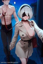 1boy ai_generated animal_collar blindfold coat female holding holding_leash leash medium_hair mugenshi nier:_automata nier_(series) night one_breast_out outdoors patreon_username pet_play public_indecency public_nudity self_upload shirtless_male shoulder_bag straight street walking white_hair yorha_2b