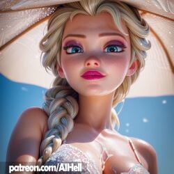 ai_generated blonde_hair blue_eyes breasts cum cum_on_breasts elsa_(frozen) frozen_(film) frozen_2 looking_at_viewer plump