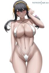 1girls abp_art abpart adjusting_hair bikini black_hair breasts earrings flower_hairband hairband hairbun large_breasts looking_at_viewer midriff milf navel red_eyes spy_x_family swimsuit white_bikini white_swimsuit yor_briar yor_forger