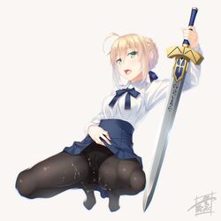 1girls ahoge aqua_eyes artoria_pendragon blonde_hair breasts cum excalibur fate/grand_order fate/stay_night fate_(series) female female_only kazushiki_midori open_mouth pantyhose ribbon saber short_hair skirt skirt_lift solo solo_female sword weapon