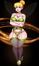 1girls big_breasts blonde_hair blue_eyes bra breasts cleavage corset disney ear_piercing earrings fairy fairy_wings female female_only full_body garter_belt garter_straps green_bra green_panties hair hair_bun hips huge_breasts ladycandy2011 legwear lingerie lips panties peter_pan_(disney) pointy_ears solo solo_female thick_thighs thighhighs thighs tinker_bell topwear wide_hips wings