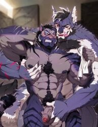 2025 abs anthro areola arm_tattoo beard black_areola black_hair black_sclera body_hair booboo34 canid canine canis chest_tuft claws clenched_teeth duo ear_piercing ear_ring eye_contact eye_scar facial_hair facial_scar felid finger_claws forearm_muscles fur genitals ghost_(opsychowolfo) grey_body grey_fur hair happy_trail hi_res inside larger_male licking licking_lips lip_scar looking_at_another looking_back male male/male mammal markings multicolored_body multicolored_fur navel nude open_mouth pantherine pec_squeeze pecs penis penis_grab piercing pubes purple_body purple_fur racha_(suck-nis) red_eyes ring_piercing scar size_difference striped_body striped_fur striped_markings striped_tail stripes tail tail_markings tattoo teeth tiger tiger_tail tongue tongue_out tuft two_tone_body two_tone_fur vein veiny_penis white_body white_fur wolf wolf_tail yellow_eyes