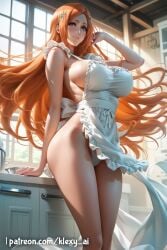 1female 1girls ai_generated apron ass big_ass big_breasts bleach blush breasts clothed clothed_female clothing cooking female female_only ginger ginger_hair hair_ornament hairclip hourglass_figure hourglass_figured_female huge_ass huge_breasts inoue_orihime klexyai leaning_backward leaning_on_table looking_at_viewer mostly_nude mostly_nude_female moving_hair orange_hair panties partially_clothed partially_clothed_female patreon patreon_username shiny shiny_skin smile smiling smiling_at_viewer solo solo_female thick_thighs voluptuous voluptuous_female