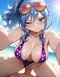 ai_generated beach blue_eyes blue_hair close-up cowgirl_position eyewear_on_head fairy_tail head_tilt illustration juvia_lockser outstretched_arms payop ponytail pov pov_eye_contact pubic_hair slingshot_swimsuit smile vaginal_sex wink