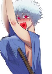 armpit_crease arms_up big_breasts blush breast_poke breast_squish embarrassed female female_only full-face_blush genderswap_(mtf) gintama gintoki_sakata kimono looking_at_viewer motion_lines offscreen_character pov red_eyes rule_63 sacido short_hair sideboob solo spiral_eyes surprised sweat very_short_hair white_hair