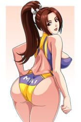 arm_guards artist_name ass back bare_shoulders breasts brown_eyes brown_hair character_name commentary copyright_name english_commentary fatal_fury female from_behind grin high_ponytail king_of_fighters looking_back mai_shiranui ninja obi parted_bangs patreon_username pelvic_curtain photoshop_(medium) ponytail revealing_clothes rope sano-br sash sideboob smile solo thighs watermark web_address