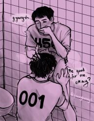 bathroom bathroom_stall blowjob clothed_sex covering_mouth hair_pull hand_in_hair hand_on_hip hand_over_mouth hwang_in-ho male/male naked_from_the_waist_down no_underwear no_visible_genitalia seong_gi-hun squid_game text text_bubble trembling yaoi