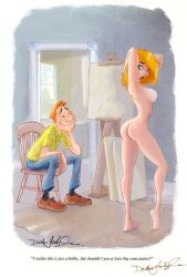 1femboy 1male 1man 1women 2d 2d_artwork ass back_view blonde_hair boobs dean_yeagle english_text focus lips looking_at_viewer nude_female smile