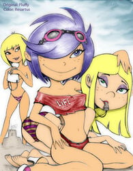 3girls bob_cut ed_edd_n_eddy eyeshadow female female_only fluffy_(artist) freckles hourglass_figure human kanker_sisters marie_kanker may_kanker multiple_girls nazz_van_bartonschmeer resartus sand sand_castle straight_hair whistle yuri