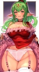 1girls cleavage fire_emblem fire_emblem_awakening green_eyes green_hair large_breasts lifted_by_self looking_at_viewer manakete nintendo panties pointy_ears ponytail r123 skirt skirt_lift smile thick_thighs thighs tiki_(adult)_(fire_emblem) tiki_(fire_emblem) white_panties