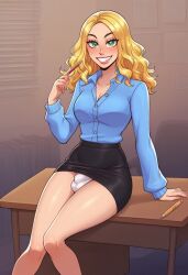 1futa ai_generated anasheya_(style) balls black_skirt blonde_hair blonde_hair_futa bulge bulge_through_underwear civitai futa_only futanari light-skinned_futanari light_skin looking_at_viewer milf_enjoyer panties shirt skirt smiling_at_viewer solo solo_futa white_panties