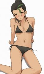 belly_button bikini black_bikini blush bra brown_skin dark-skinned_female dark_skin desperate_airpo looking_at_viewer midriff nemona_(pokemon) on_bottom panties pokemon pokemon_sv sweatdrop tan_body tan_skin