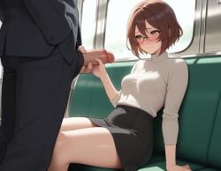 ai_generated big_penis chikan embarrassed embarrassed_female exhibitionism exhibitionist exposed_penis flashing_penis handjob sexual_harassment small_breasts train_interior