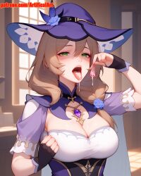 1girls ai_generated artifical_art big_breasts blonde_hair blush condom cum cum_in_condom genshin_impact green_eyes incest lisa_(genshin_impact) long_hair perfect_body semen_in_mouth semen_on_tongue slender_body tongue_out witch_hat