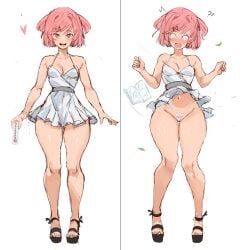 1girls doki_doki_literature_club dress dress_lift embarrassed female female_focus female_only light-skinned_female light_skin looking_at_viewer natsuki_(doki_doki_literature_club) panties pink_hair rakeemspoon small_breasts solo thighs white_background wide_hips