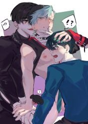 3boys ? ?! alien_stage black_hair black_hat black_shirt bottomless bottomless_male boy_sandwich chain_necklace dual_persona gay green_nails grey_hair hand_on_another's_head ivan_(alien_stage) music_note nipple_piercing pectorals sandwiched spiked_choker till_(alien_stage) turtleneck_shirt yaoi yj77314