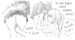 2girls angry bent_over canon_genderswap dolphin_posting embarrassed english_text female female_only genderswap_(mtf) gintama hijikata_tenko hijikata_toshiro leaning_forward long_hair looking_at_viewer looking_back monochrome okita_sougo okita_souko panties ponytail rule_63 school_uniform schoolgirl sketch skirt_lift upskirt yuri