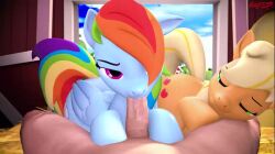 1boy 2girls applejack_(mlp) blonde_hair earth_pony equine fellatio female female_on_human feral friendship_is_magic green_eyes human human_on_feral male male_on_feral male_pov multiple_girls my_little_pony oral pegasus penis pink_eyes pov rainbow_dash_(mlp) rainbow_hair receiving_pov sound straight tagme video