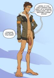 2025 anma athletic_male big_balls big_penis blue_eyes brown_hair english_text flaccid gay jacket_only lance_mcclain speech_bubble veiny_penis voltron:_legendary_defender