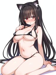 ai_generated anime bare_shoulders barefoot bikini black_hair cat_ears female hands_in_pockets large_breasts long_hair micro_bikini scarlet_eyes skinny solo thehealka white_background yumiko_yano yumiko_yano_(thehealka)