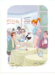 1woman 2d 2d_artwork ass butt coffee dean_yeagle english_text no_panties no_pants partially_nude red_hair waitress