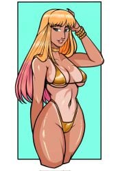 2d bikini blonde_hair busty eve_(frank_draws) female female_focus female_only frank_draws hourglass_figure long_hair standing tagme tan tan_body tan_skin tanline wide_hips