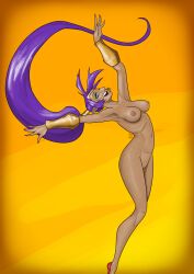1girls alternate_version_available areolae armwear big_breasts blue_eyes bottomless breasts ear_piercing earrings female_only footwear full_body hair hips hoop_earrings naked naked_female nipples nude nude_female pointy_ears ponytail purple_hair pussy rot_seraph sandals shantae shantae_(character) smile solo solo_female tied_hair topless vagina yellow_background