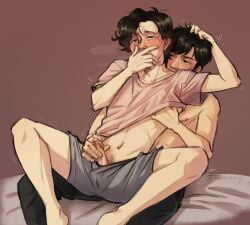 black_hair childhood_friend cho_sang-woo clothed_sex covering_mouth hair_pull handjob handjob_over_clothes legs_apart legs_spread male/male midriff nipple_play nipple_tweak seong_gi-hun shirtless sitting_on_lap squid_game trembling yaoi