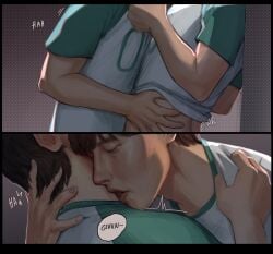 closed_eyes comic embrace hand_on_neck hands_on_hips hwang_in-ho kissing_neck male/male midriff moaning neck_kiss pulling_clothing seong_gi-hun shirt_lift squid_game text text_bubble trembling yaoi