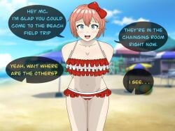 1girls bandoanimation beach blue_eyes blue_text bow collarbone comic comic_page doki_doki_literature_club english_text female_focus hair_bow hairbow red_bow red_hair_bow red_hairbow sayori_(doki_doki_literature_club) strawberry_blonde_hair swimwear text yellow_text