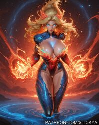 athletic_female blonde_hair blue_eyes elemental_creature fantastic_four human_torch invisible_woman marvel_rivals milf sue_storm superheroine