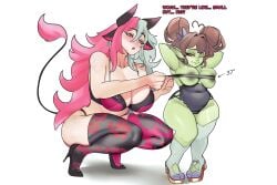 2girls big_breasts brothbowl centi(waifusizes) cow_girl freckles goblin goblin_female green_skin indie_virtual_youtuber measuring measuring_breasts measuring_tape podge shortstack tagme virtual_youtuber