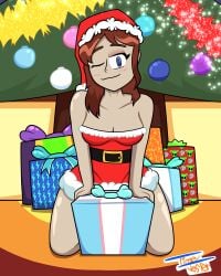 1girls alternate_version_at_source blue_eyes christmas christmas_clothing christmas_outfit christmas_tree clothed gift gift_box monster_prom oc original_character ornaments pinup present red_hair smiling_at_viewer smirk smirking time_jester_(artist) trans_flag trans_woman transfem