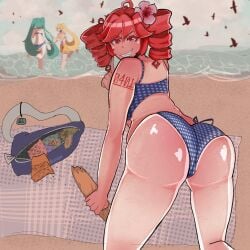 akita_neru belly bent_over bikini bikini_top drills fat_ass fatass_teto_plush feeding food hatsune_miku kasane_teto kneeling red_eyes red_hair staring_at_viewer thick_ass thick_hips thick_thighs triple_baka_(vocaloid) twin_drills vocaloid
