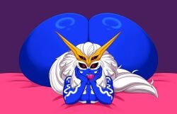 animated blue_skin braided_hair condom_in_mouth dio_kinkz femboy fu_[jess_baptiste_vi] lying_on_bed male male_only massive_ass no_more_heroes pink_eyes solo_male white_hair wobbling_ass