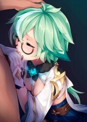 blowjob closed_eyes clothed_female_nude_male cum cum_in_mouth genshin_impact glasses green_hair highres ricegnat sucrose_(genshin_impact)