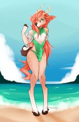 anthro antlers beach blue_eyes bulge cervine clothed clothing crossdressing deer erection erection_under_clothes floaties front_view geekidog girly hair hi_res hooves horn long_hair long_legs looking_at_viewer male mammal nipple_piercing nipples one-piece_swimsuit outside penis_outline piercing red_hair seaside solo standing swimsuit water