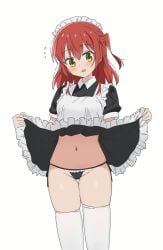 1girls belly_button blush bocchi_the_rock! clothes_lift desperate_airpo dress_lift female kita_ikuyo lifting lifting_shirt looking_at_viewer maid maid_headdress midriff panties presenting presenting_panties revealing skindentation sole_female solo_female squishy sweatdrop thick_thighs thigh_gap thighhighs thighs