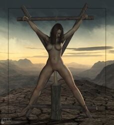 3d 3d_(artwork) afraid arcas choking desert hanged hanging heretic left_alone restrained scared_expression stretched_out stretched_out_legs suffocation tied_up torture