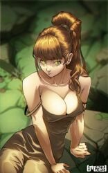 1girls big_breasts breasts brown_hair cleavage dark_souls dark_souls_2 female fromsoftware green_eyes huge_breasts mustakro nipple_bulge ponytail solo stone_trader_chloanne